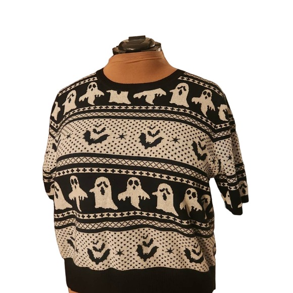 NWT Unique Vintage Black Black & Grey Ghost Delight Fair Isle Knit Top 3x - Picture 5 of 9